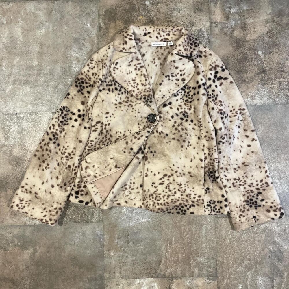 susan graver snow leopard animal print fleece top button sweater cardigan small